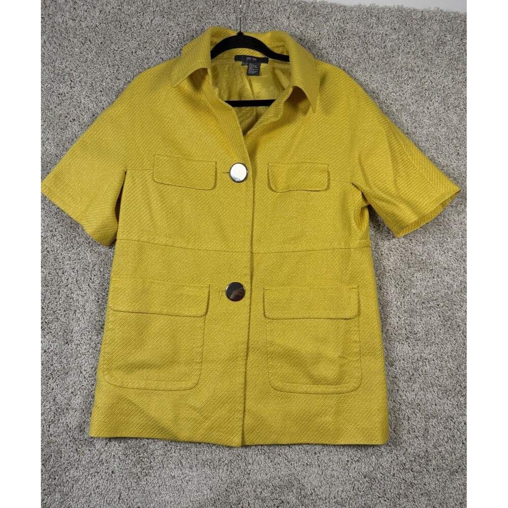 er Se Women's Yellow Tweed Short Sleeve Jacket Blazer Button Front Size 6